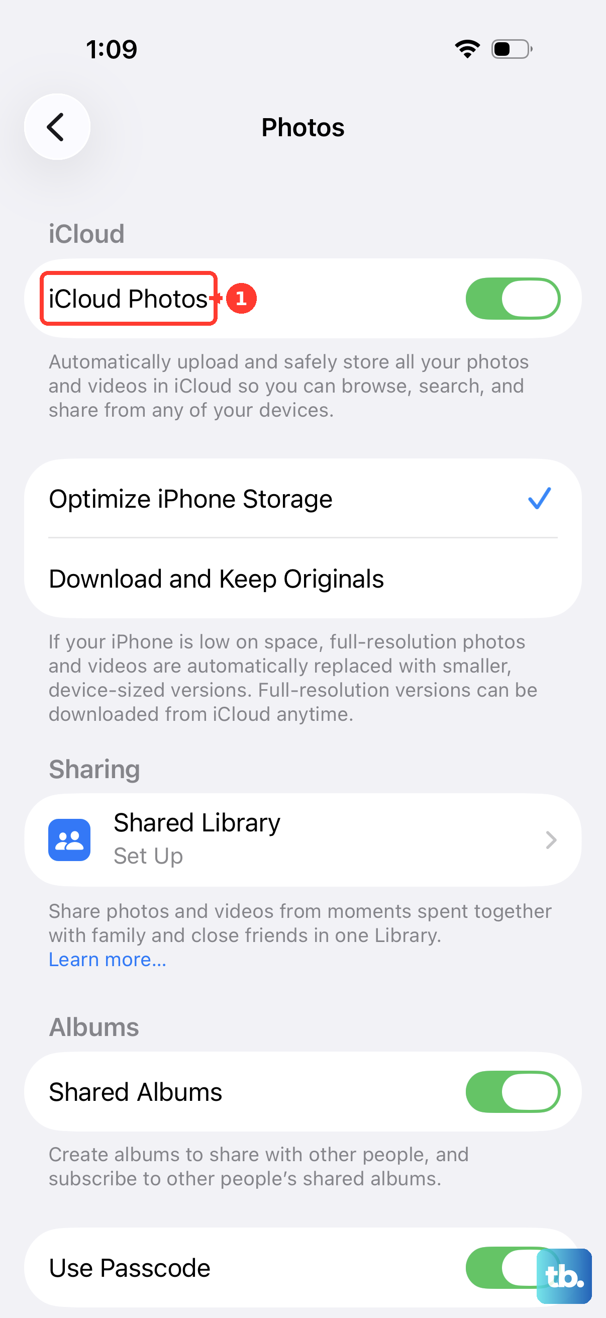 iCloud Photos is the first switch on the Photos settings pane.