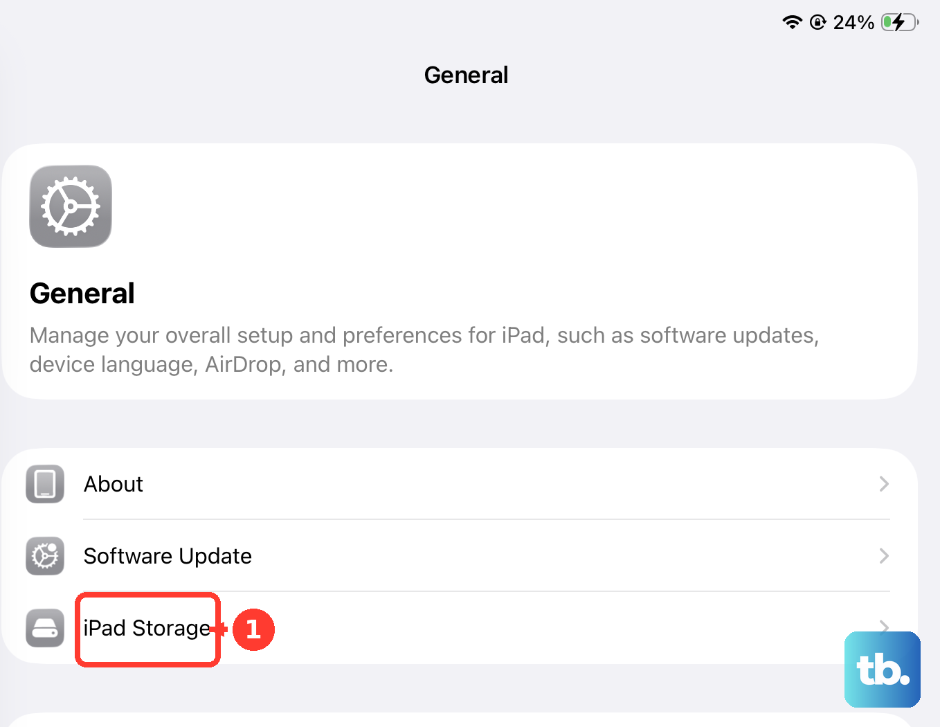 Open Settings, General, and iPad Storage to review the storage breakdown.
