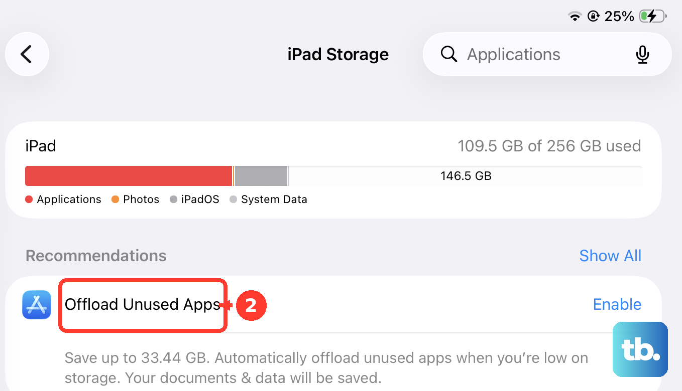 On the iPad Storage screen, select Offload Unused Apps or open one app to offload it manually.