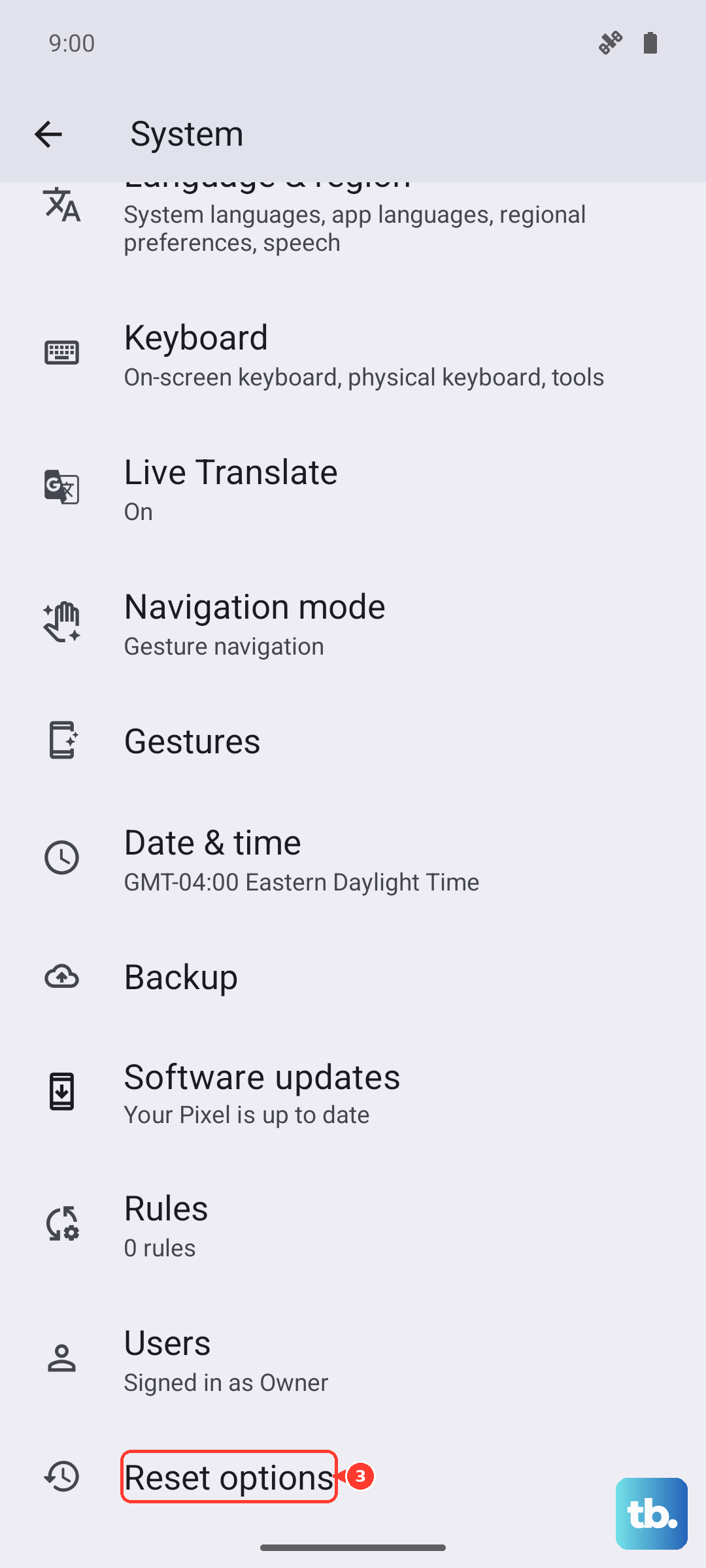 In Settings, go to System and tap Reset options (Android 16, Pixel emulator).