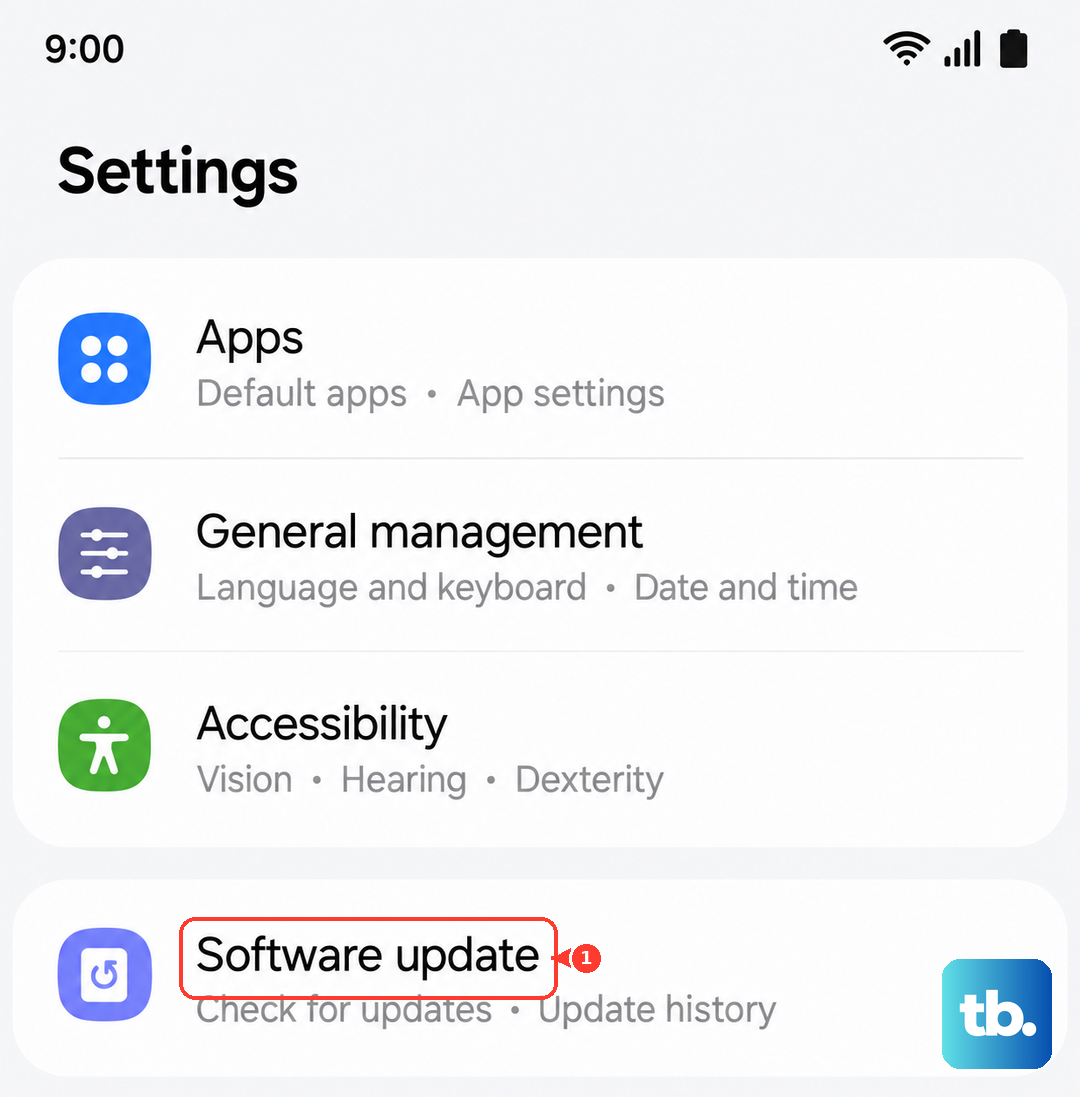 In Settings, scroll to and tap Software update (Samsung One UI).