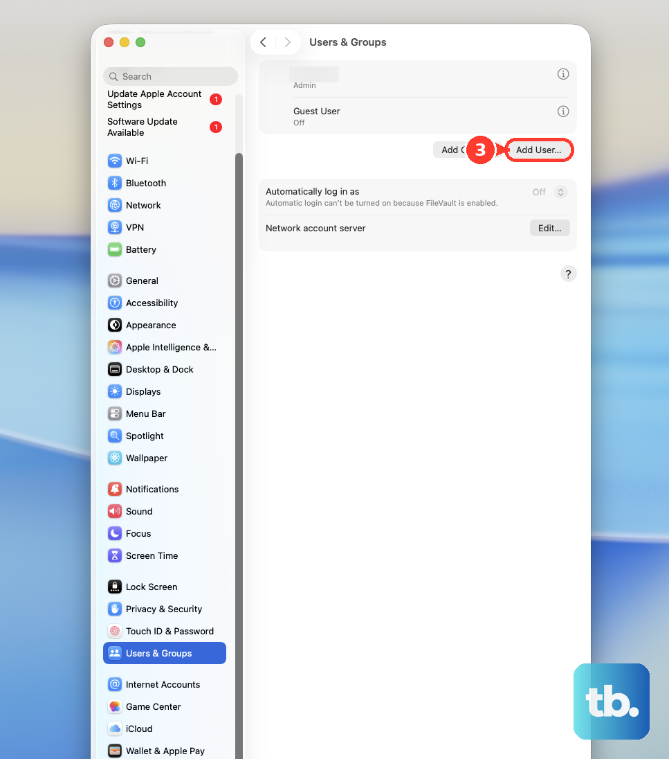 In System Settings > Users & Groups, click Add User… to create a new account.