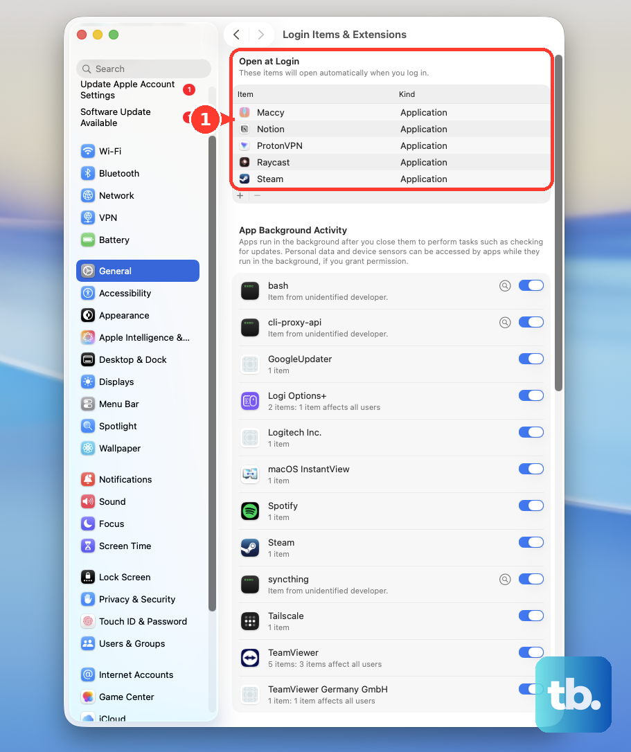 In System Settings > General > Login Items & Extensions, review the apps listed under Open at Login.