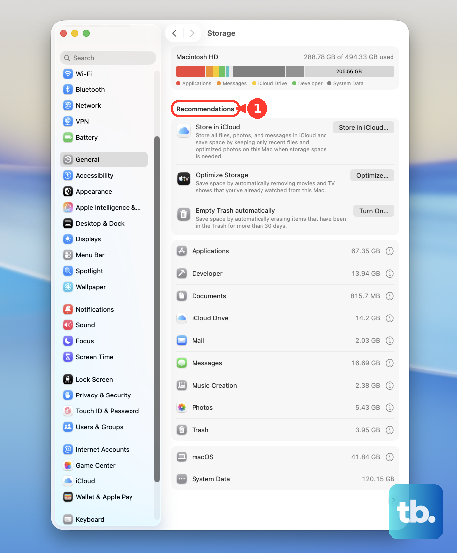 In System Settings > General > Storage (Apple menu > About This Mac > More Info > Storage Settings), the Recommendations section offers ways to free up space.