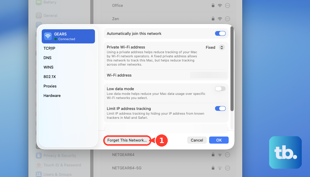 In the Wi-Fi details window for the network (System Settings > Wi-Fi), click Forget This Network… at the bottom.