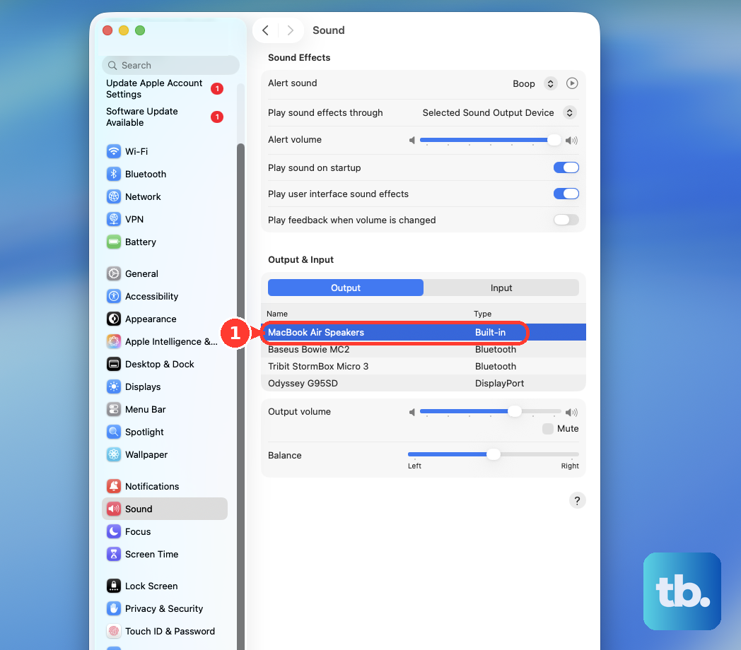 In System Settings > Sound > Output, select MacBook Air Speakers to play sound through the built-in speakers.