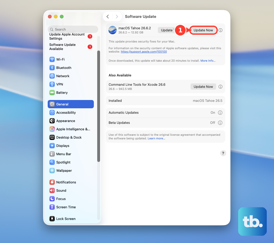 In System Settings > General > Software Update, click Update Now to install the available macOS update.