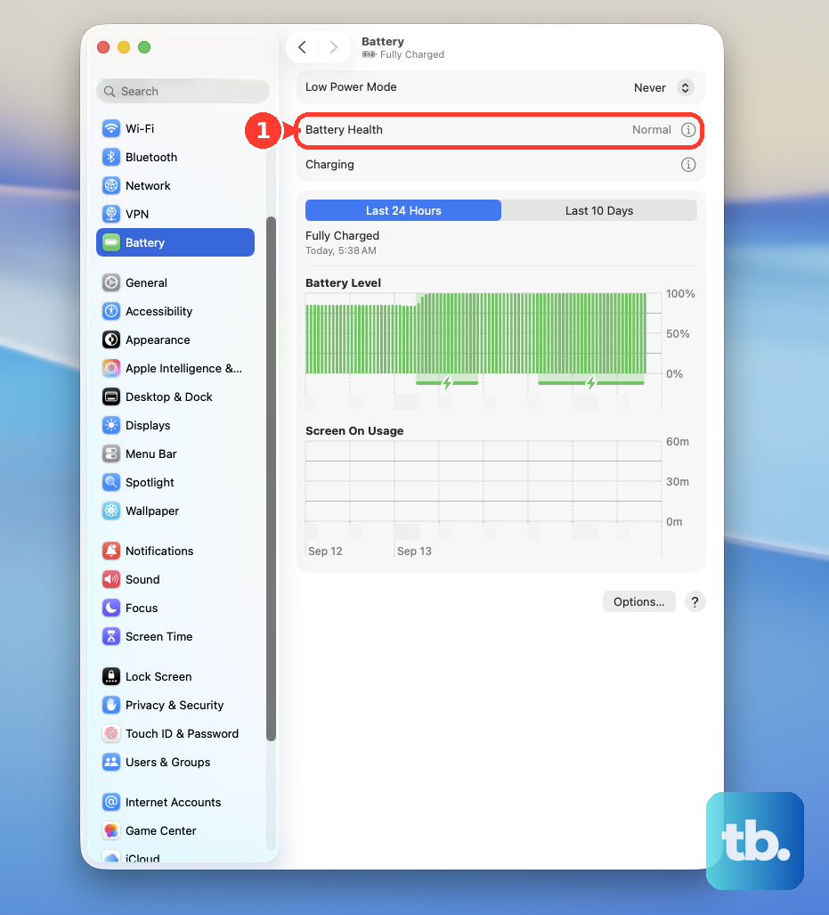 In System Settings > Battery, click the Info button next to Battery Health.