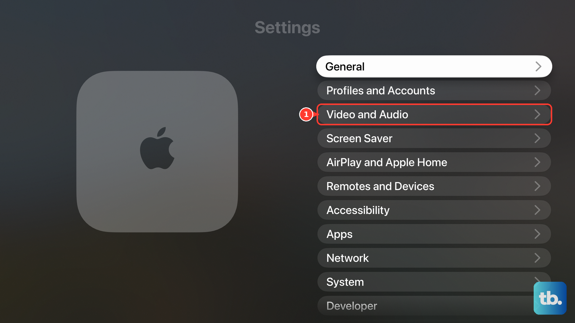 On Apple TV, open Settings and select Video and Audio.