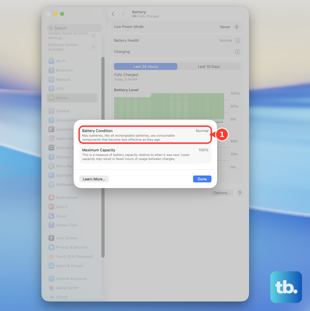The Battery Health sheet in System Settings > Battery shows the Battery Condition; Service Recommended means the battery needs service.