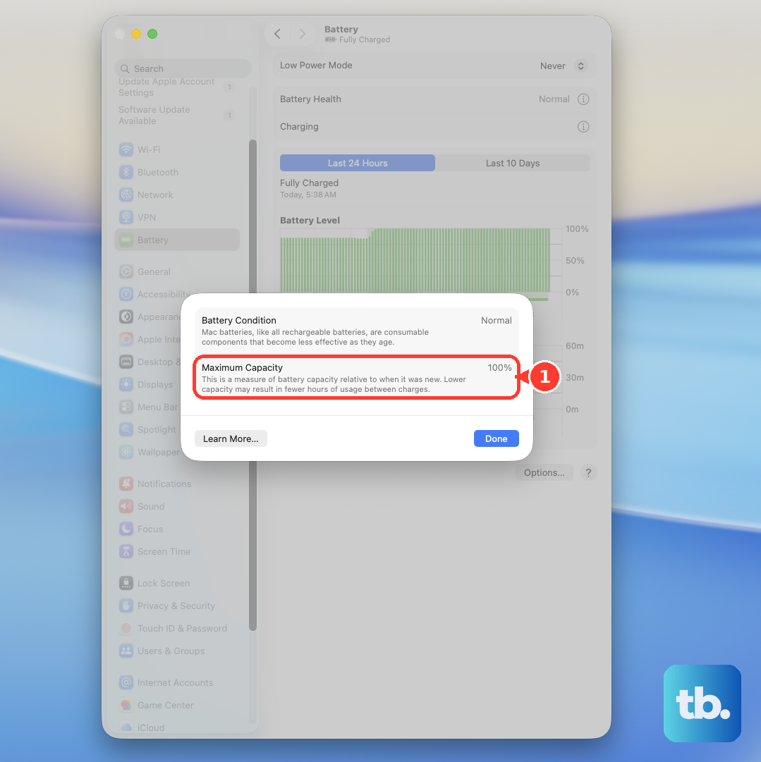 The Battery Health sheet in System Settings > Battery shows Maximum Capacity, the battery's capacity compared with when it was new.