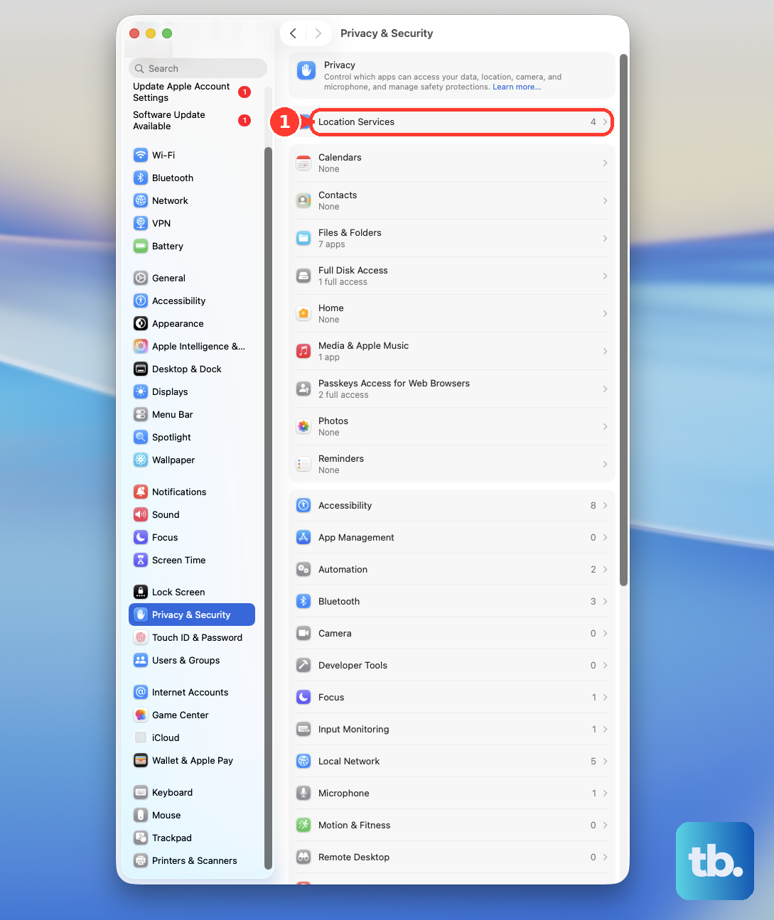 In System Settings > Privacy & Security, click Location Services.