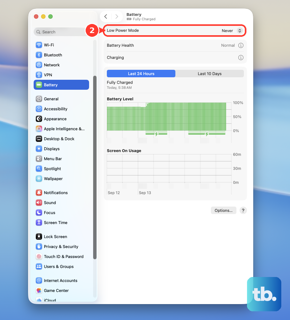 In System Settings > Battery, open the Low Power Mode menu to choose when Low Power Mode turns on.