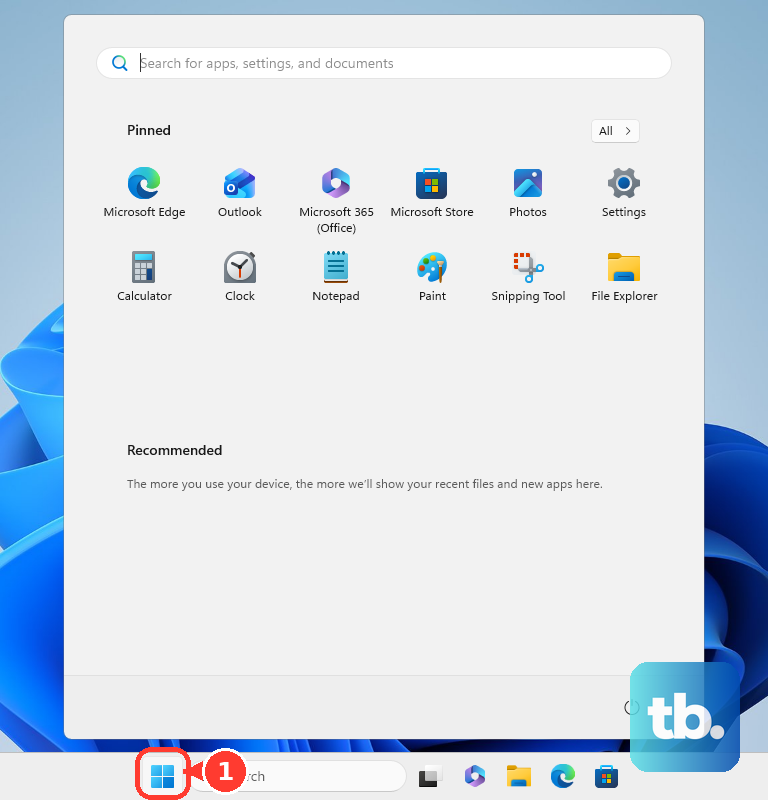 Select Start to open the Windows Start menu.