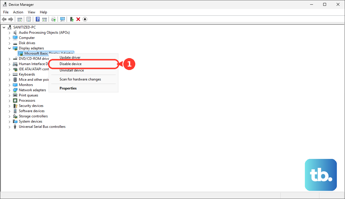 In Device Manager, expand Display adapters, right-click the device and choose Disable device.