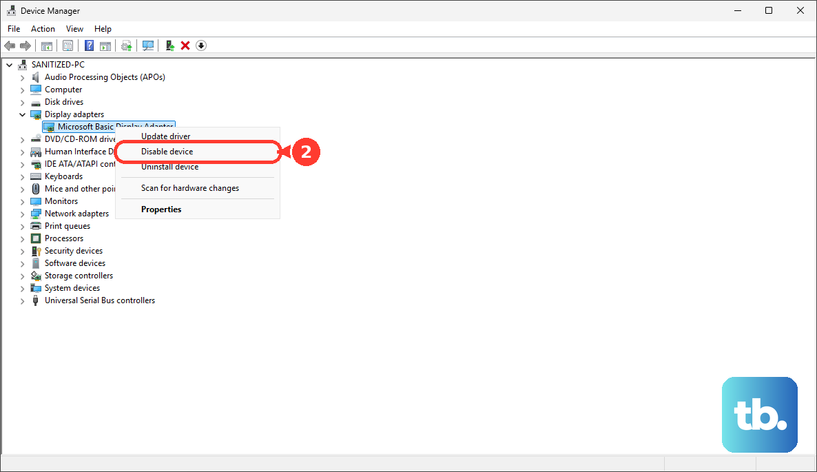 In Device Manager, expand Display adapters, right-click the device and choose Disable device.