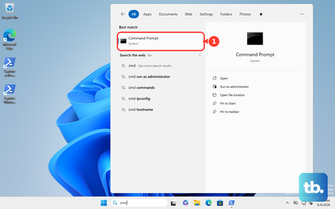Open Command Prompt from the Start menu search.