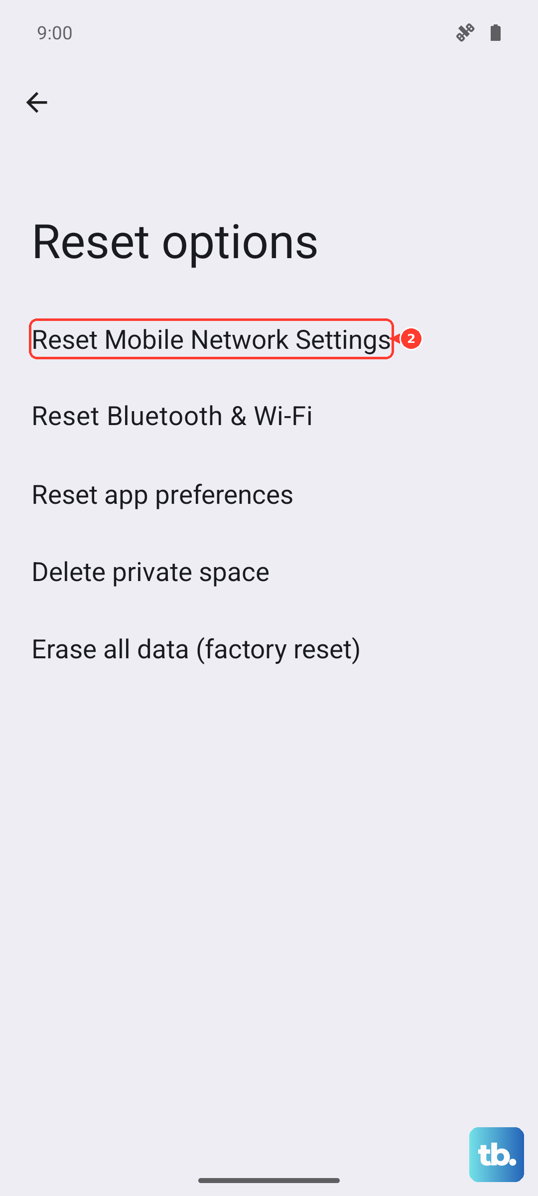 Under Reset options, tap Reset Mobile Network Settings (Android 16, Pixel emulator).