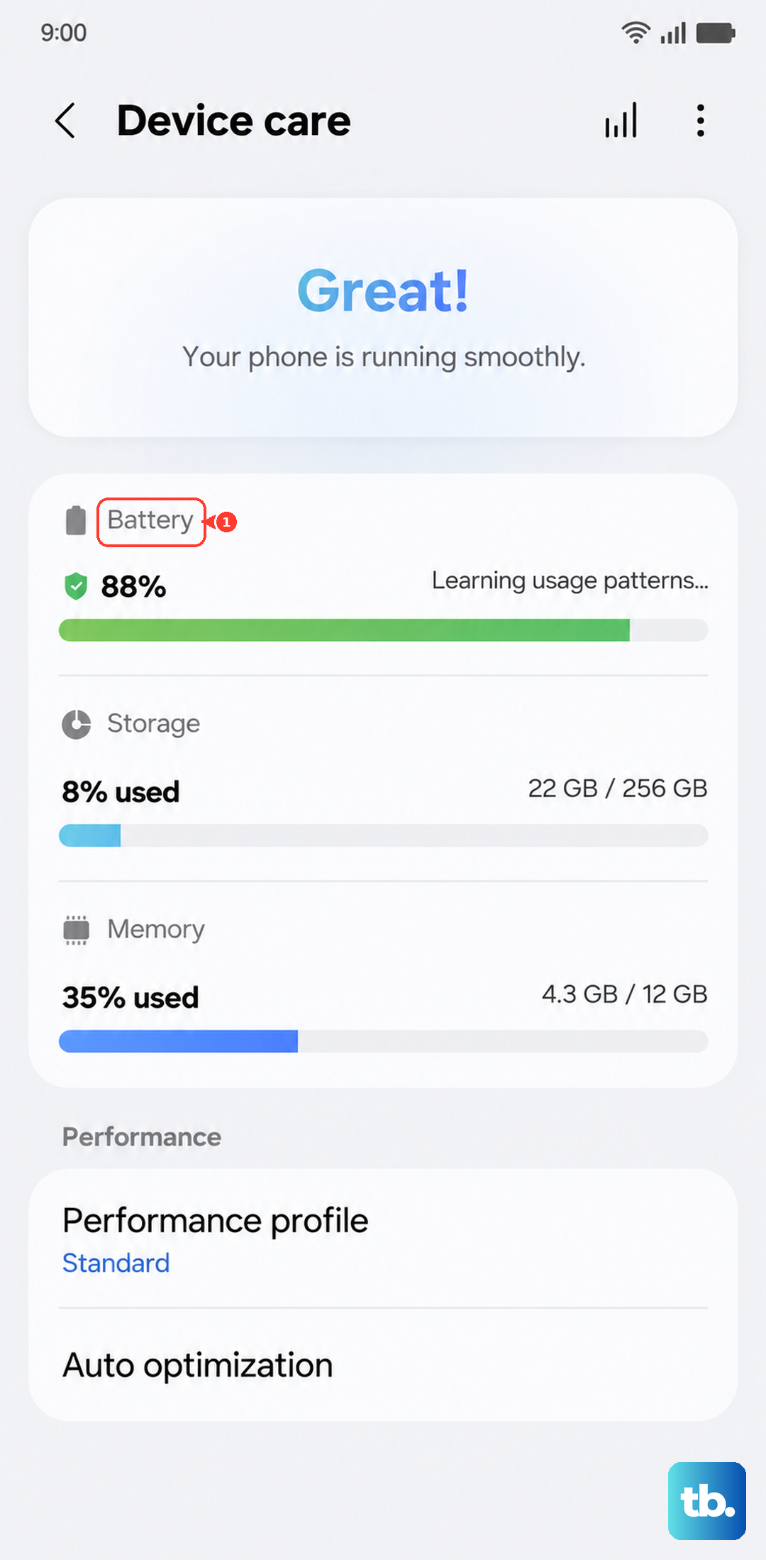In Battery and device care, tap Battery (Samsung One UI).