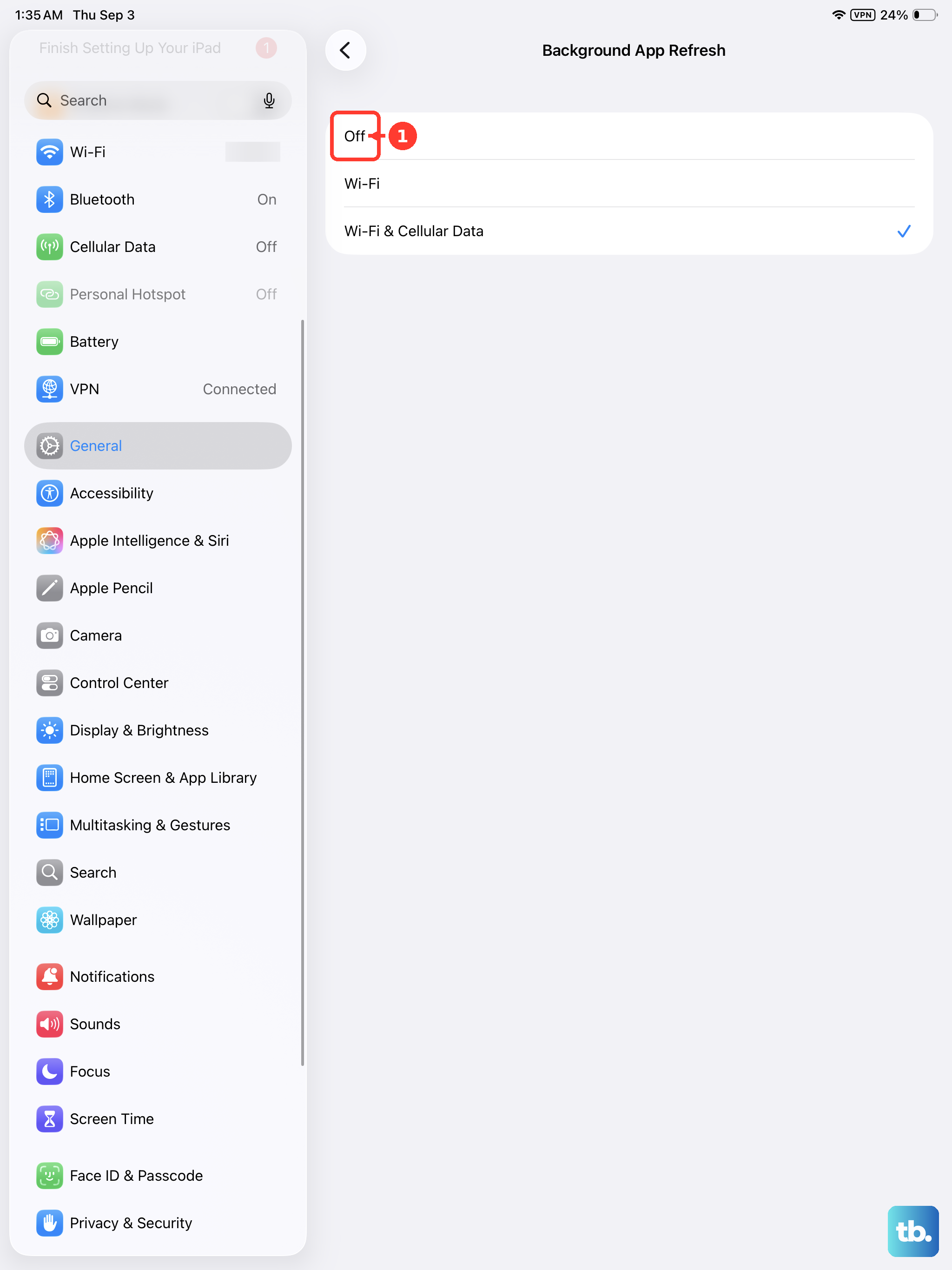 The iPad Background App Refresh pane offers Off, Wi-Fi, and Wi-Fi & Cellular Data.