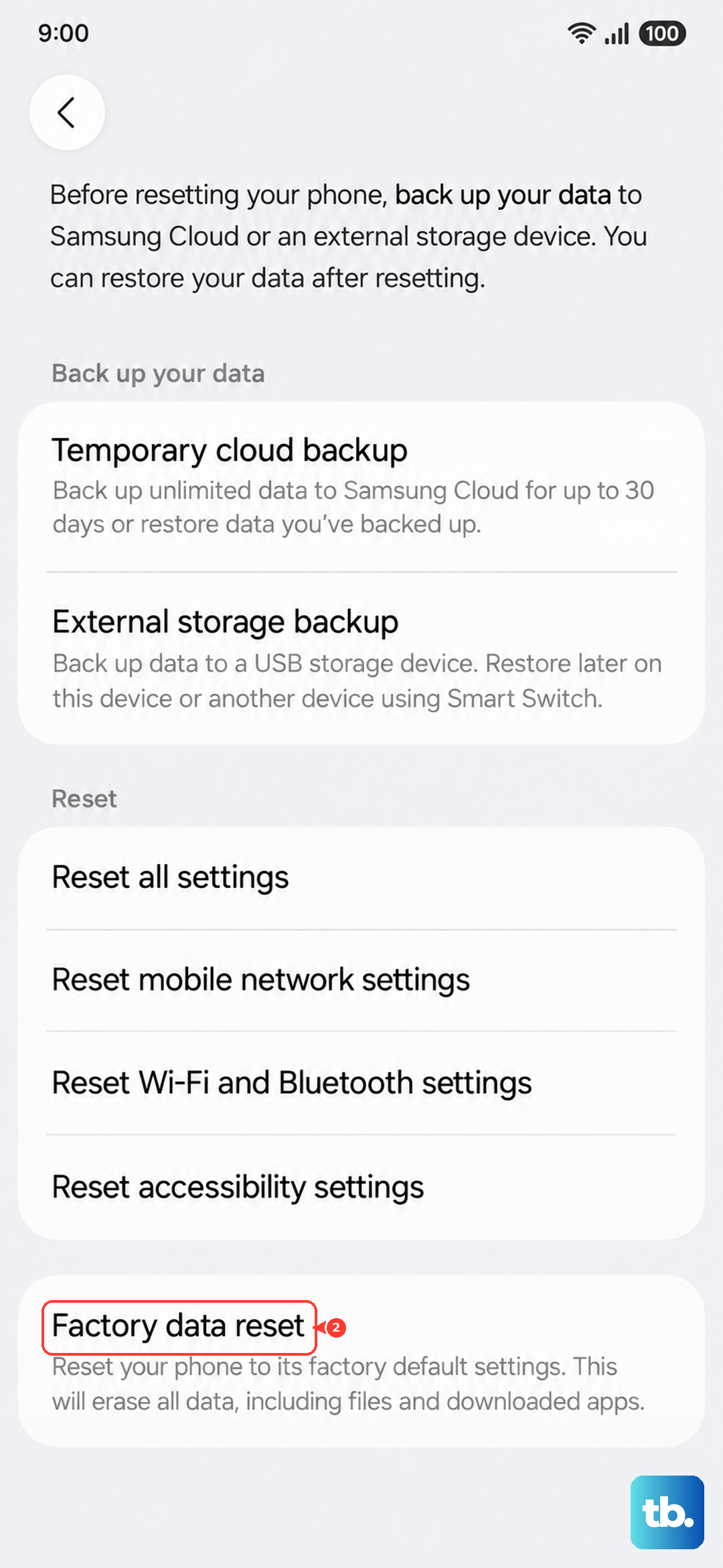 On the Reset screen, tap Factory data reset (Samsung One UI).