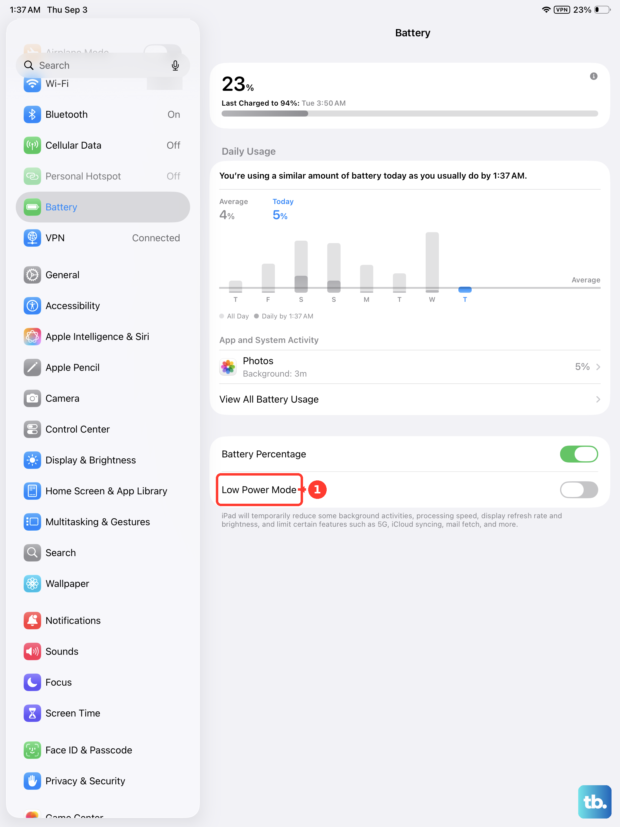 Low Power Mode sits at the bottom of the iPad Battery pane.