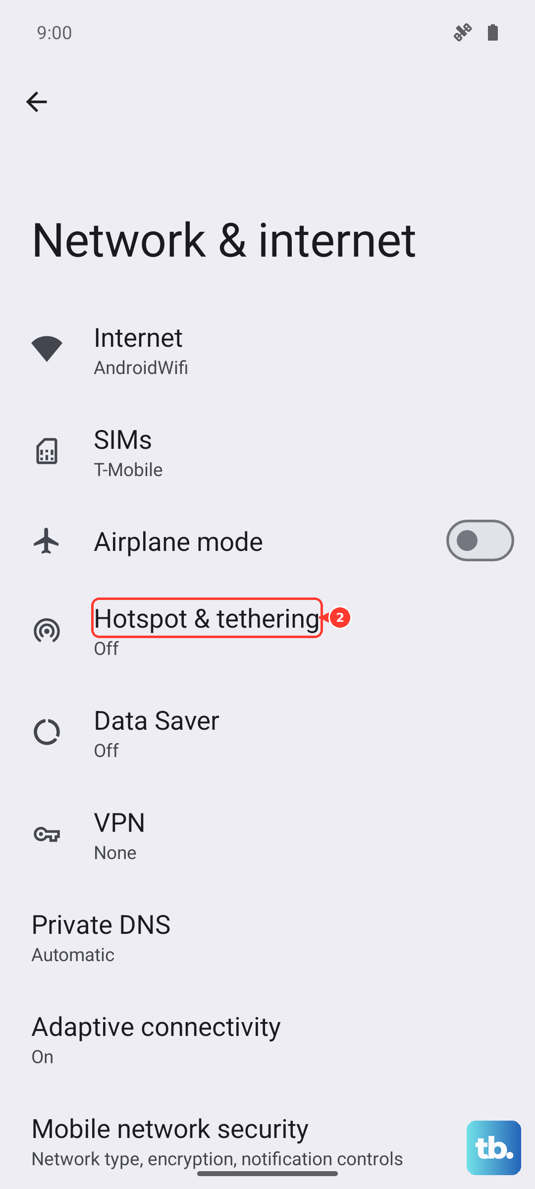 Under Network & internet, tap Hotspot & tethering (Android 16, Pixel emulator).
