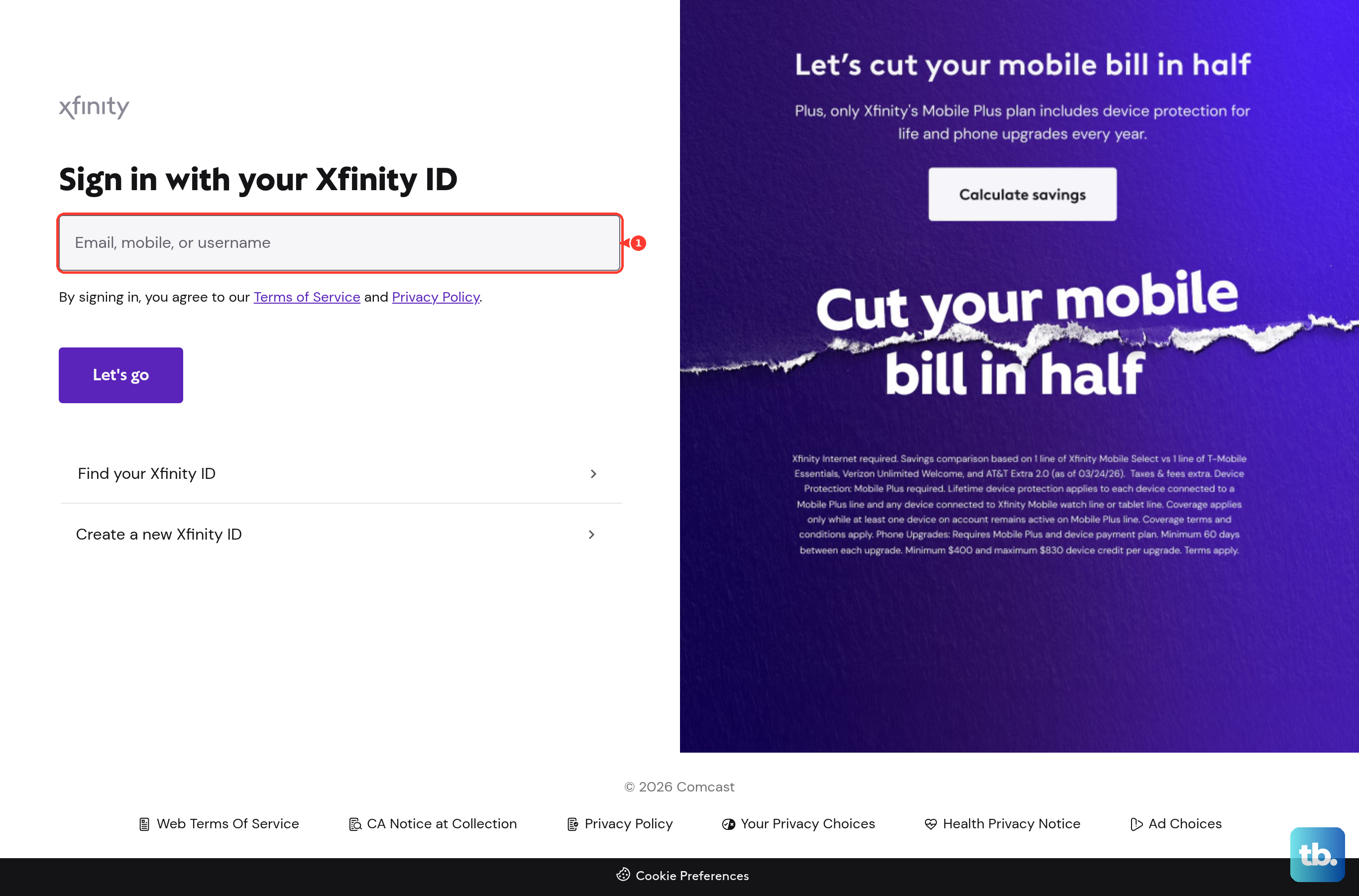 At the public Xfinity sign-in page, start with the empty Xfinity ID field.