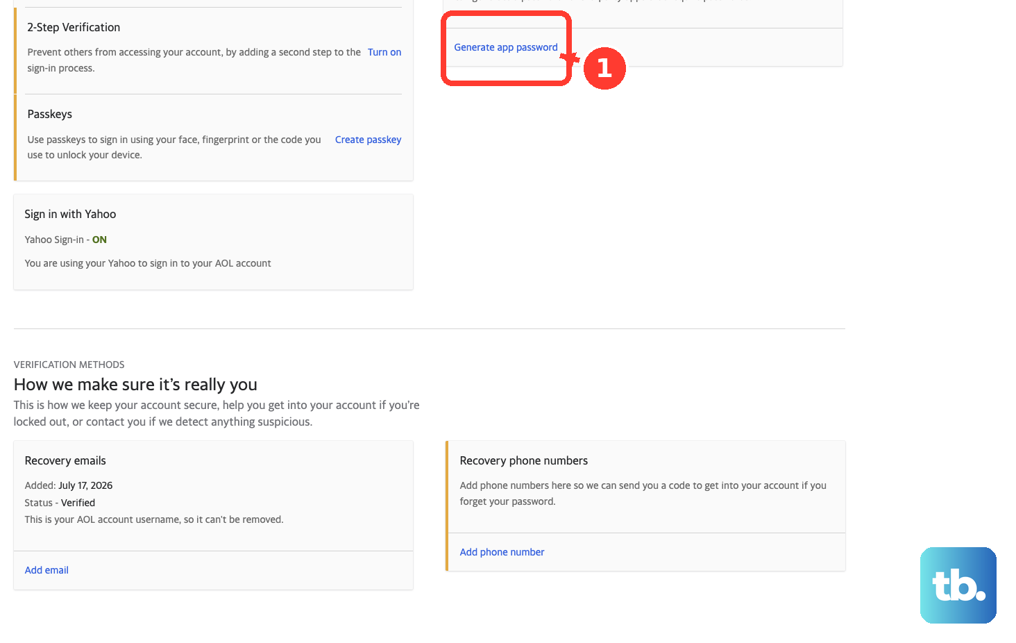 Generate app password creates a password for a third-party mail app.