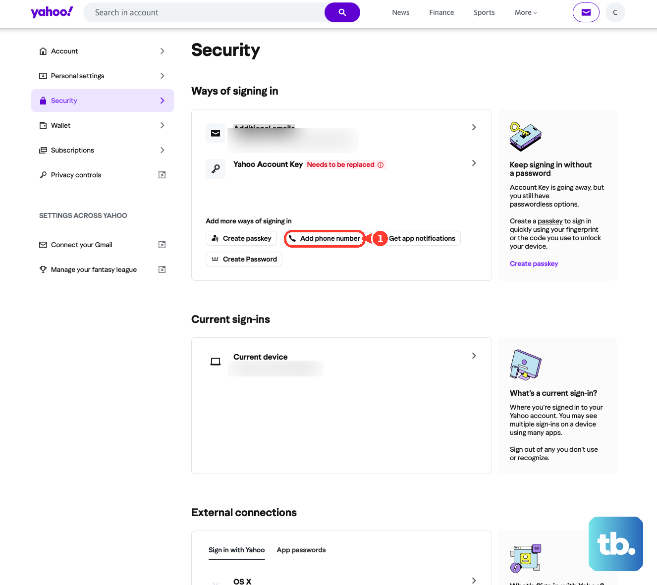 Under Ways of signing in on Yahoo Account Security, select Add phone number.