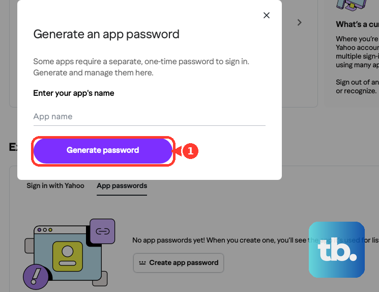 In Yahoo's Generate an app password dialog, enter the app name and select Generate password.