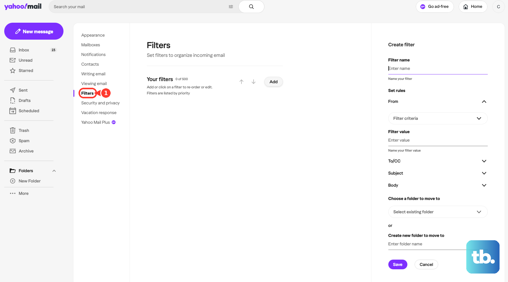 In Yahoo Mail Settings, open Filters.