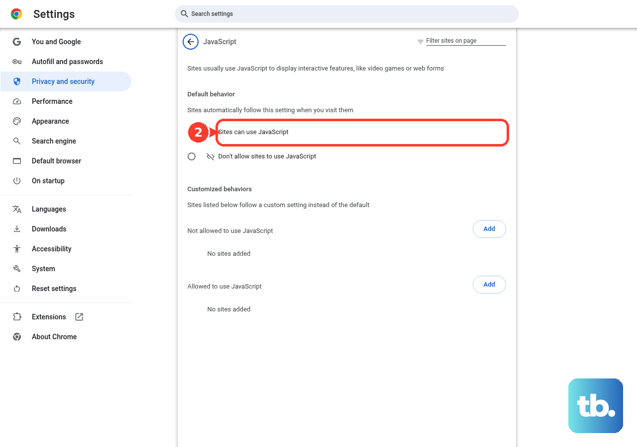 In Chrome, open the JavaScript site setting and keep Sites can use JavaScript selected.