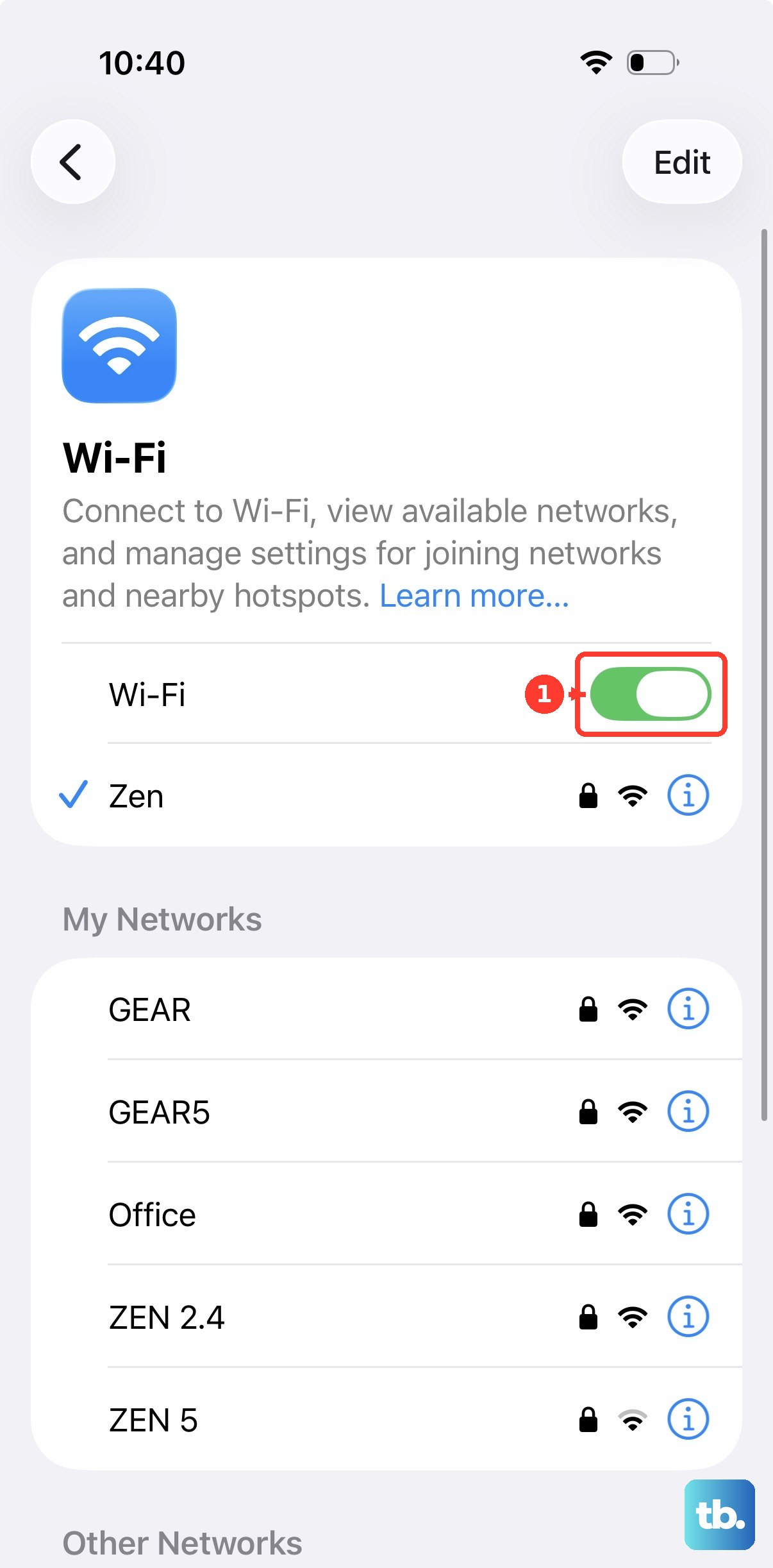 The Wi-Fi switch sits at the top of the Wi-Fi pane, with the connected network listed just below it.
