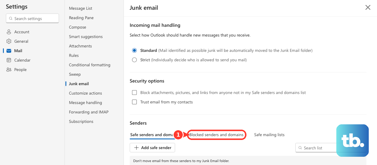 In Outlook Junk email settings, open Blocked senders and domains.