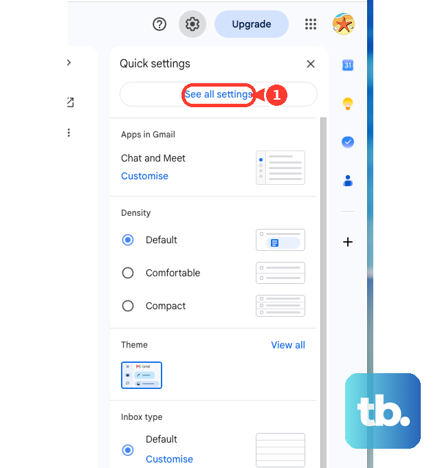 From Gmail's Quick settings panel, select See all settings.