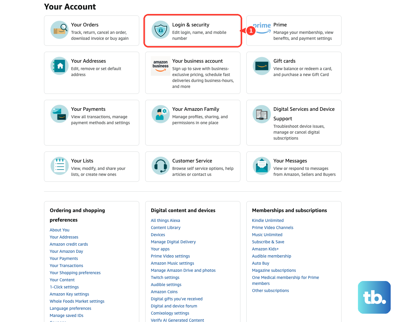 From Amazon Your Account, open Login and security.