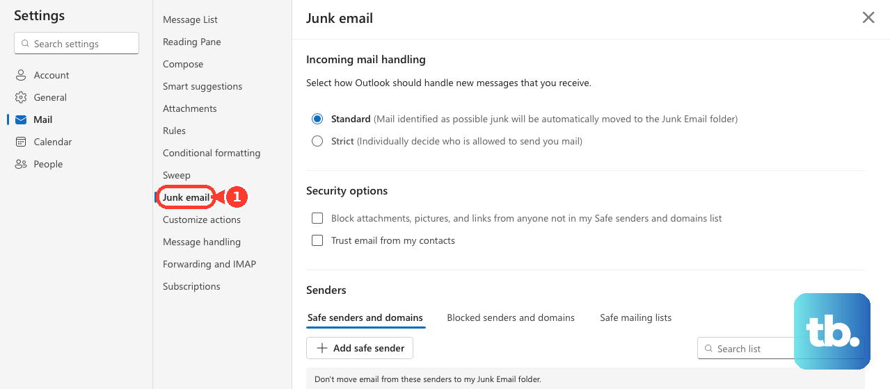In Outlook Settings under Mail, open Junk email.