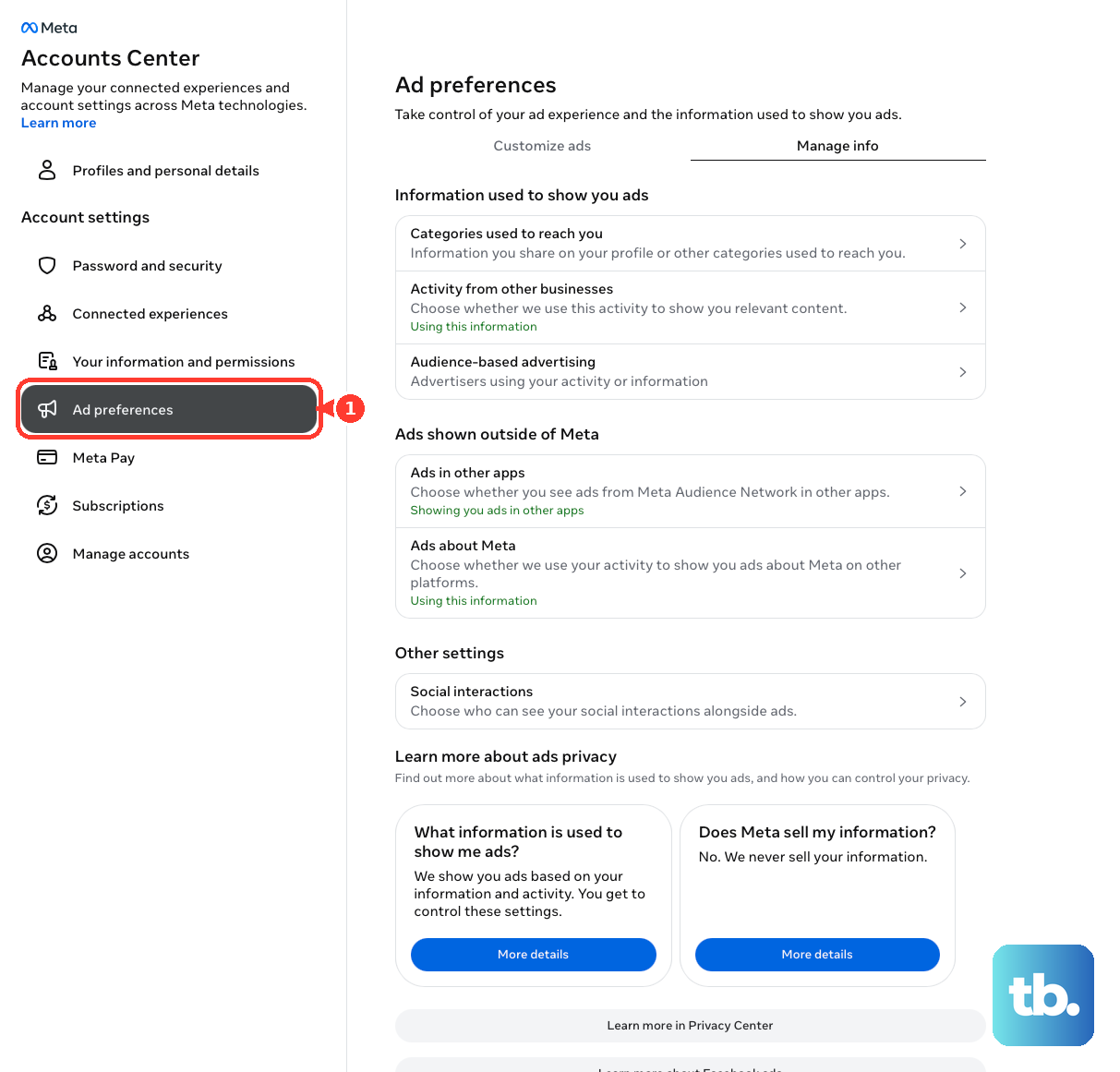 In Meta Accounts Center, open Ad preferences.