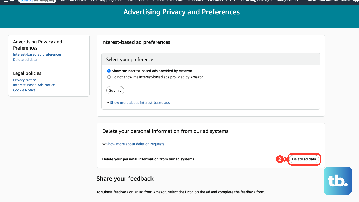 On Amazon's Advertising Privacy and Preferences page, select Delete ad data.