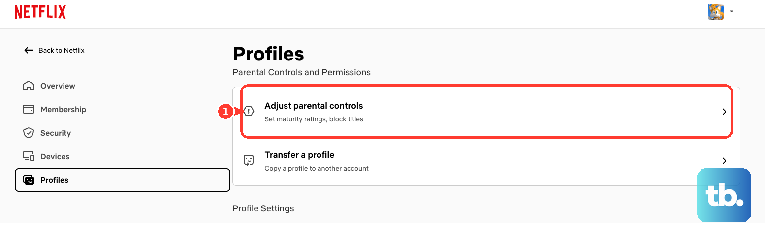 In Netflix Account under Profiles, open Adjust parental controls.