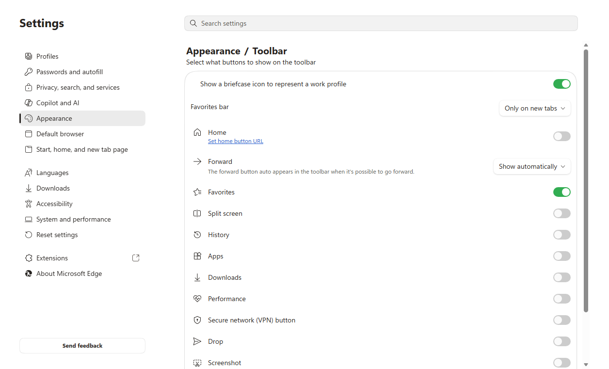 In Edge Appearance and Toolbar settings, set the Favorites bar to Always or Only on new tabs.