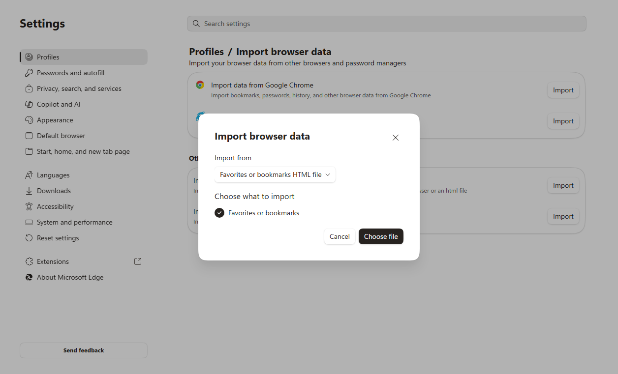 In Edge Import browser data, select Favorites or bookmarks HTML file, then choose Choose file.