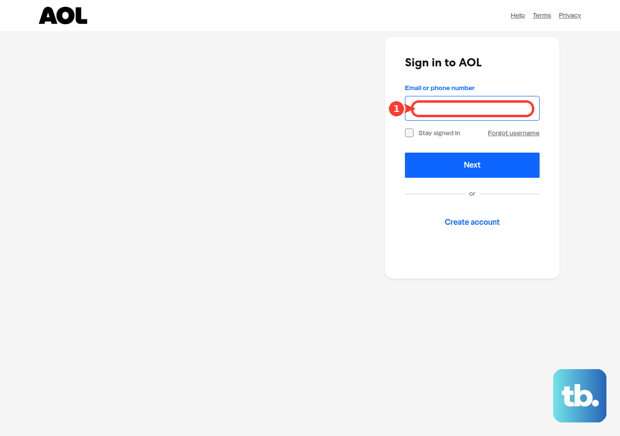 At the AOL sign-in page, enter your full verizon.net email address in the Email or phone number field.