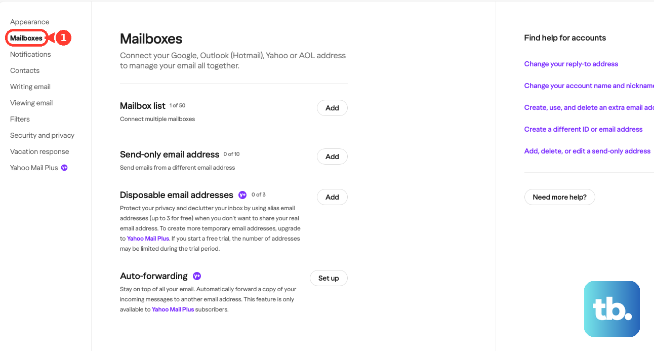 In Yahoo Mail Settings, open Mailboxes.