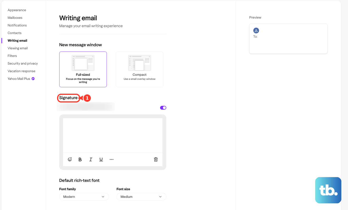 In Yahoo Mail Writing email settings, use the Signature controls.