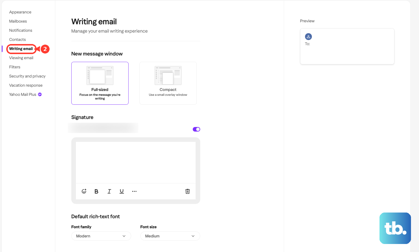 In Yahoo Mail Settings, open Writing email.