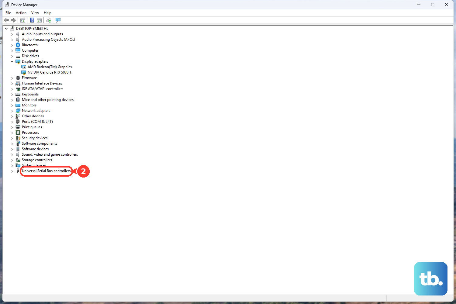 In Device Manager, expand Universal Serial Bus controllers before reinstalling a USB display device.