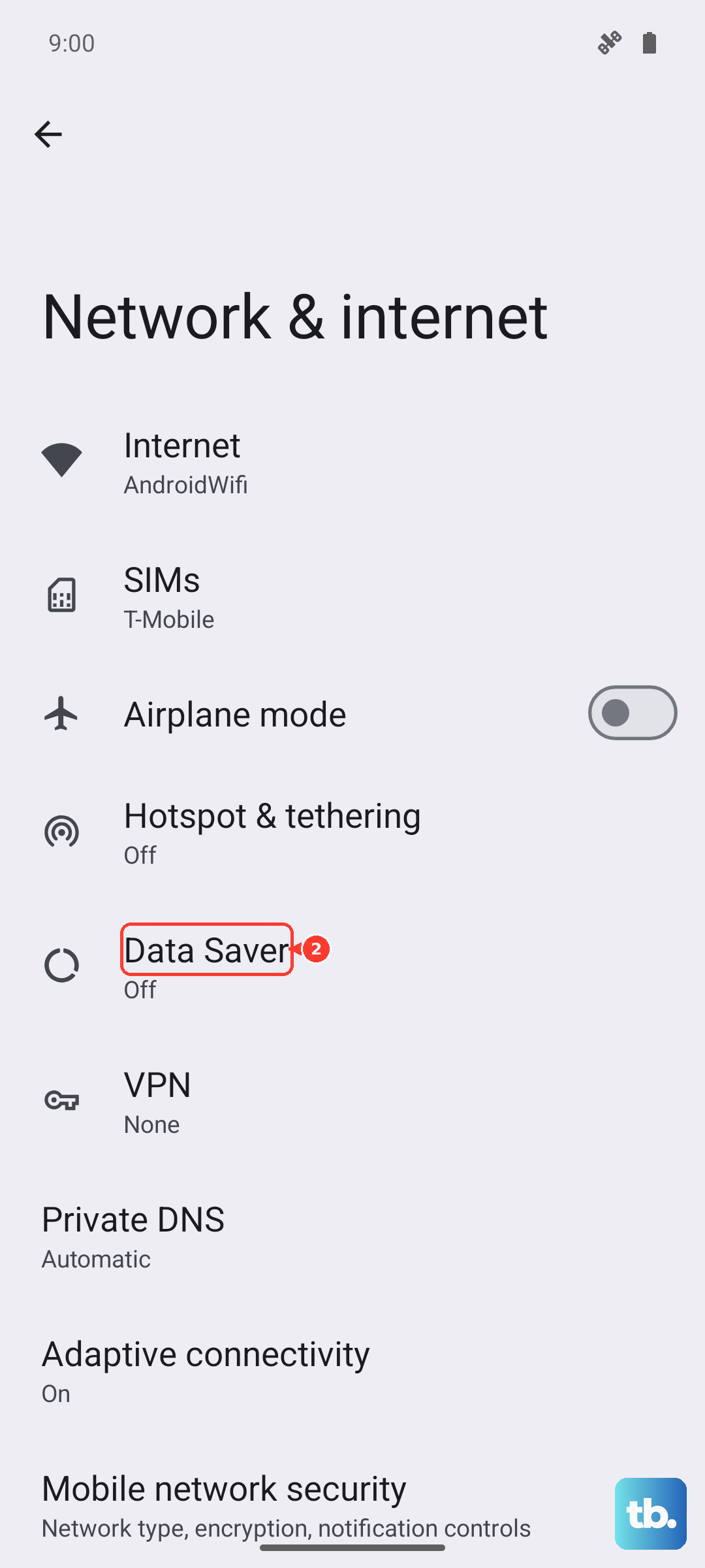 Under Network & internet, tap Data Saver (Android 16, Pixel emulator).