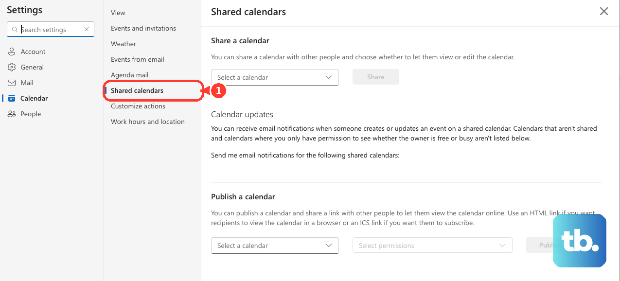In Outlook Calendar settings, open Shared calendars.